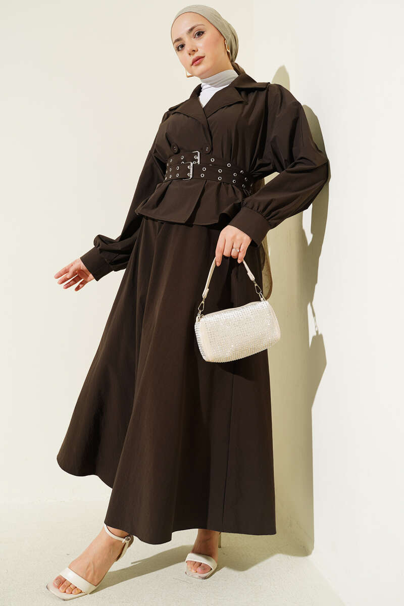 Wrap Skirt Set with Double Belt - Dark Brown