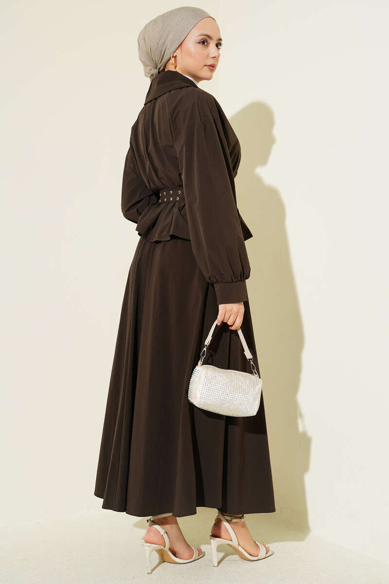 Wrap Skirt Set with Double Belt - Dark Brown