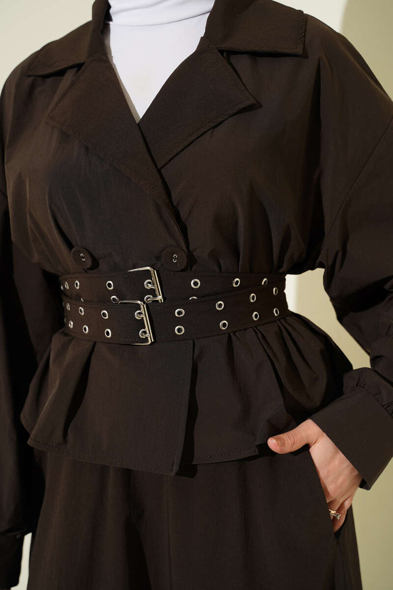 Wrap Skirt Set with Double Belt - Dark Brown