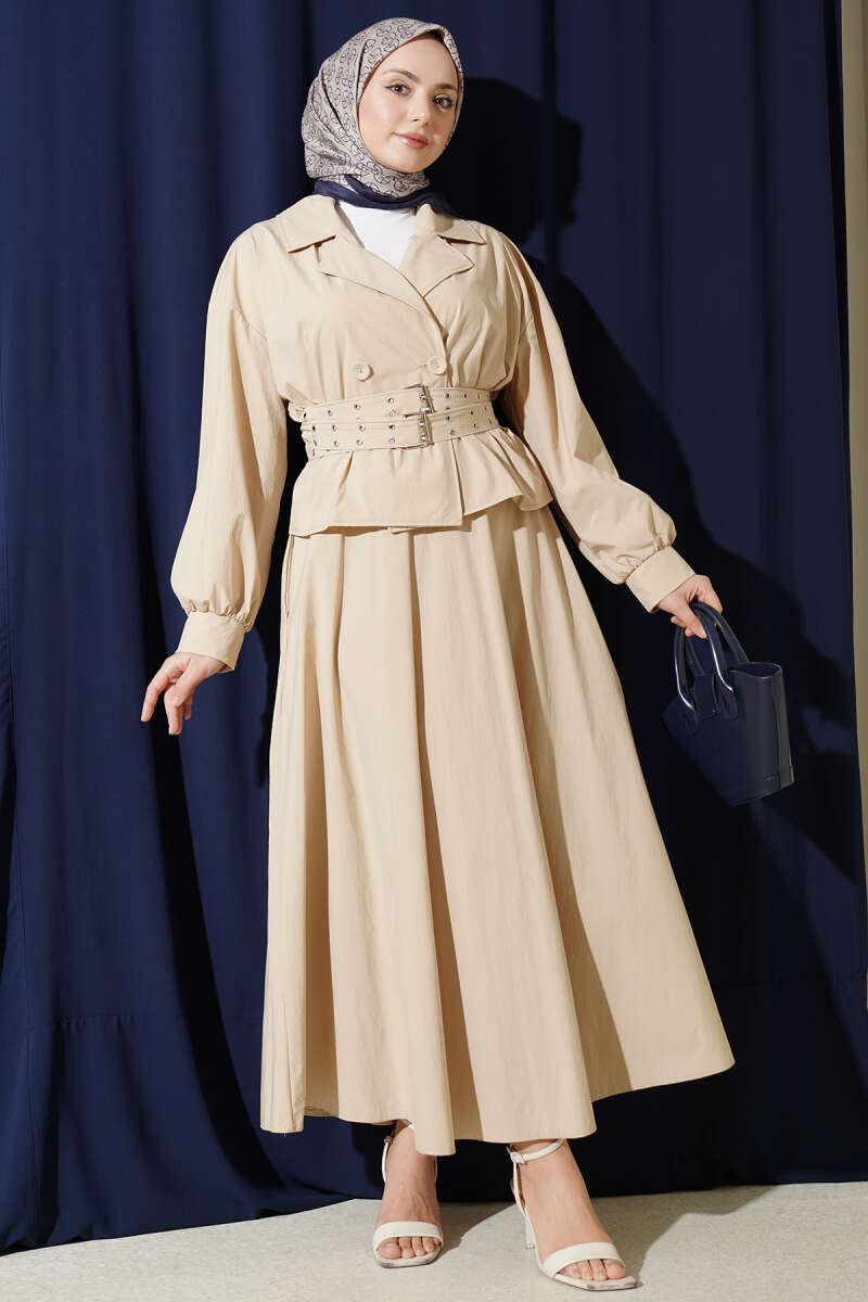 Wrap Skirt Set with Double Belt - Beige