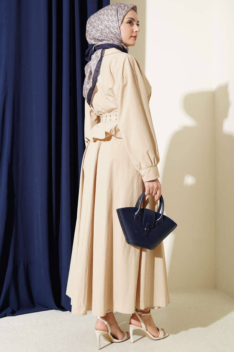 Wrap Skirt Set with Double Belt - Beige