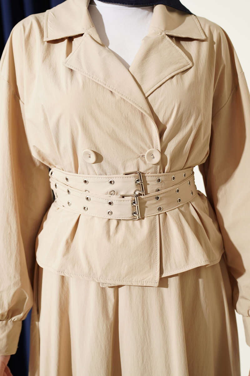 Wrap Skirt Set with Double Belt - Beige
