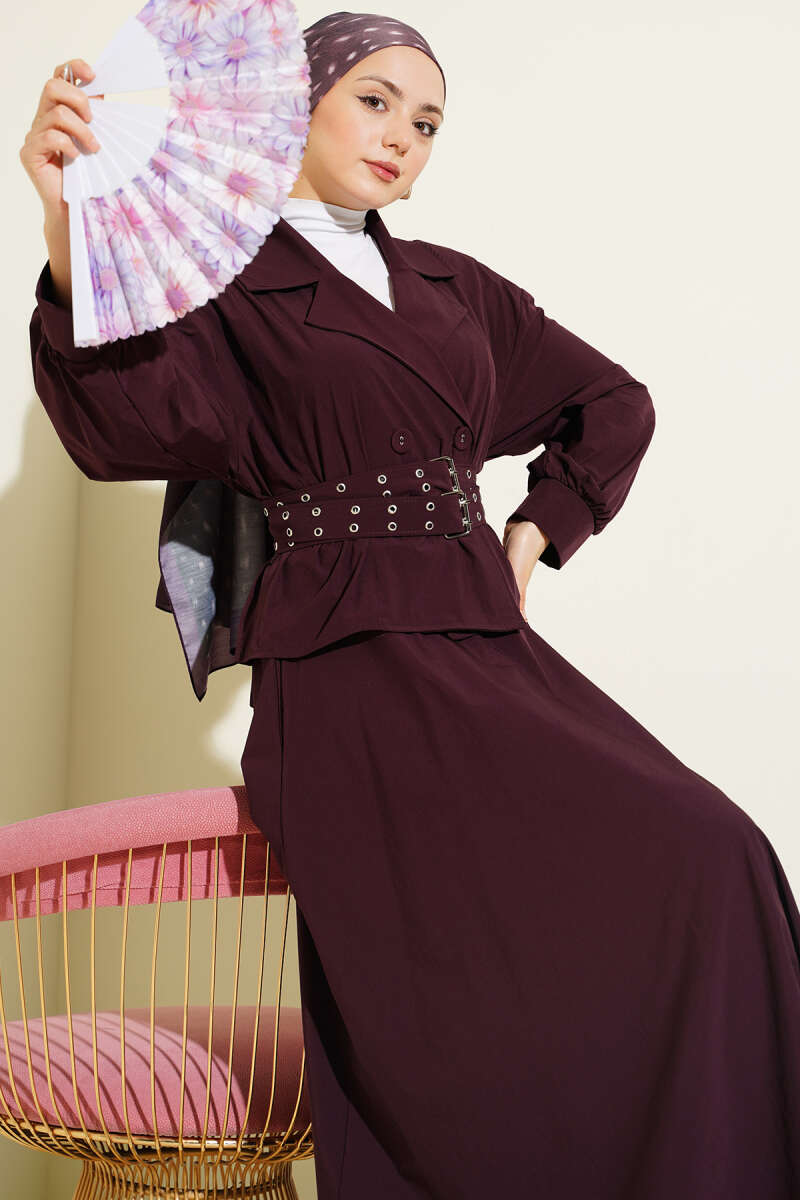 Wrap Skirt Set with Double Belt - Plum