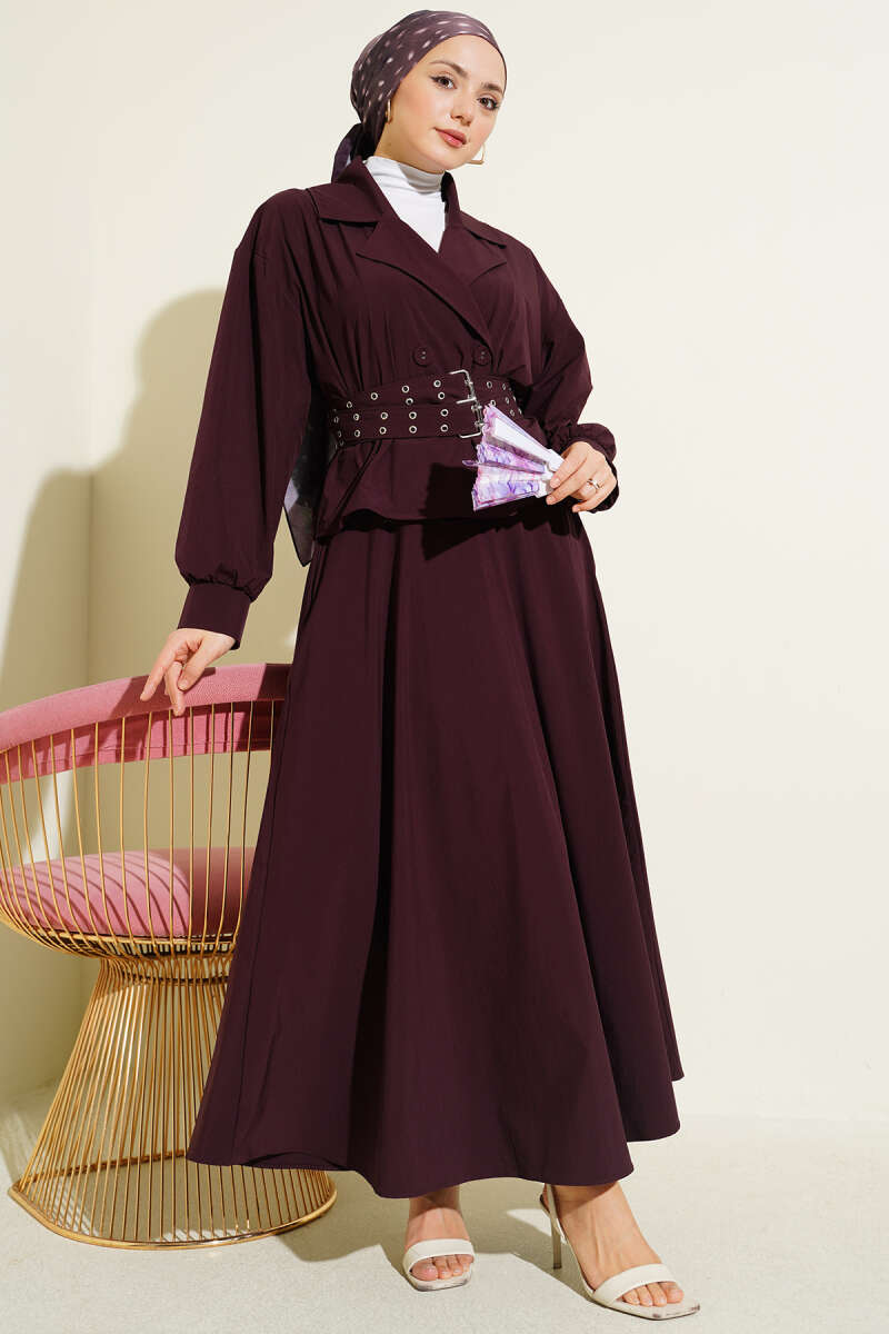 Wrap Skirt Set with Double Belt - Plum