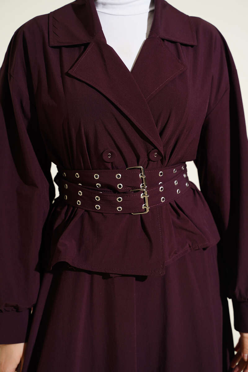 Wrap Skirt Set with Double Belt - Plum