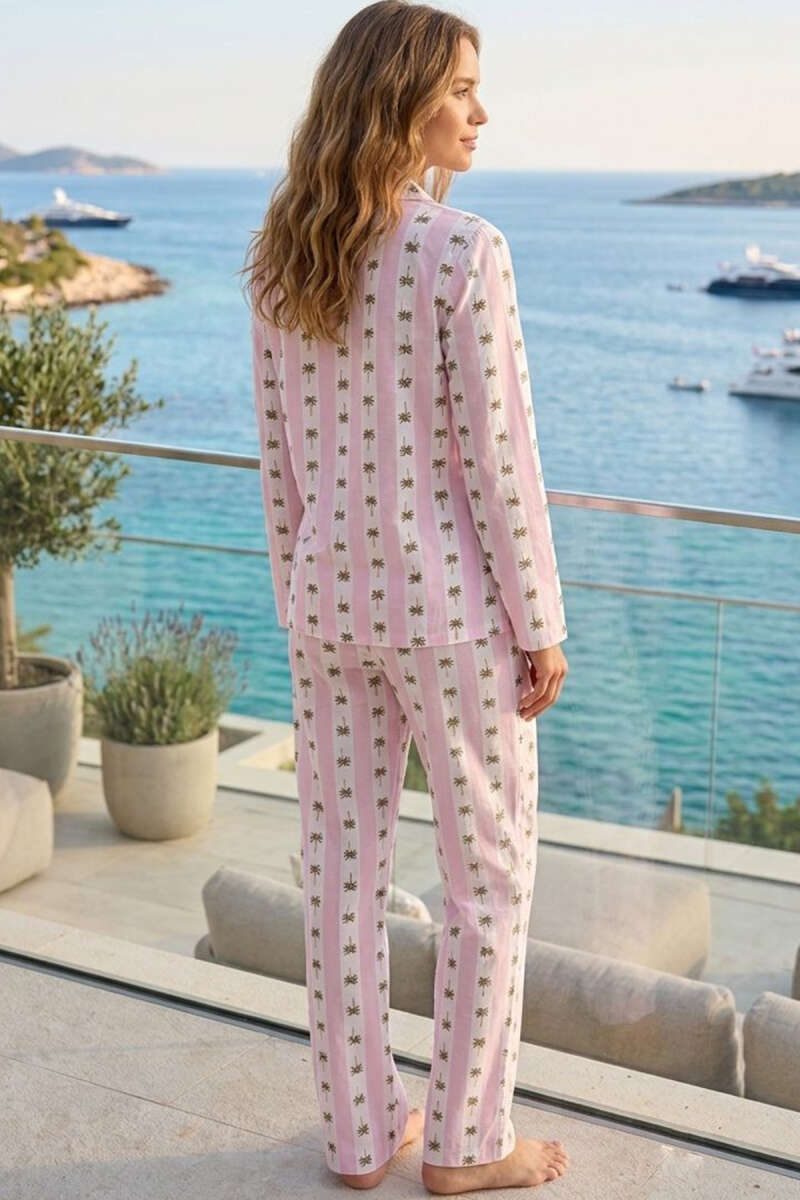 Wrap-Collar Striped Pyjama Set - Pink
