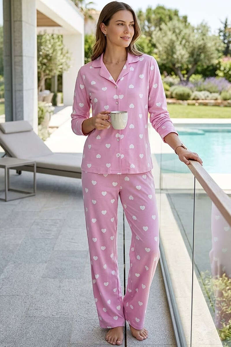 Wrap-Collar Striped Heart Pyjama Set - Pink