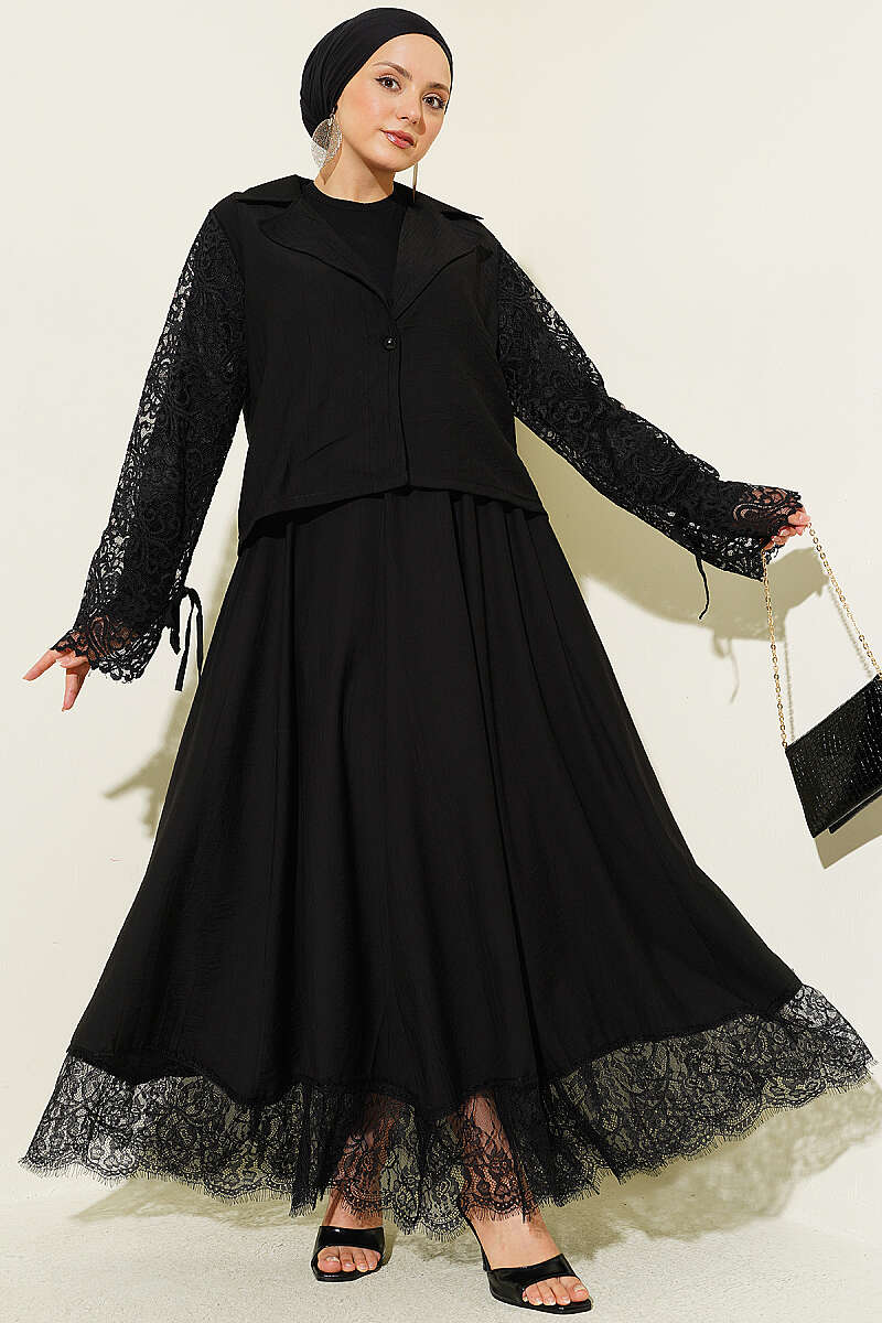 Wrap-Collar Lace Two-Piece Skirt Set - Black