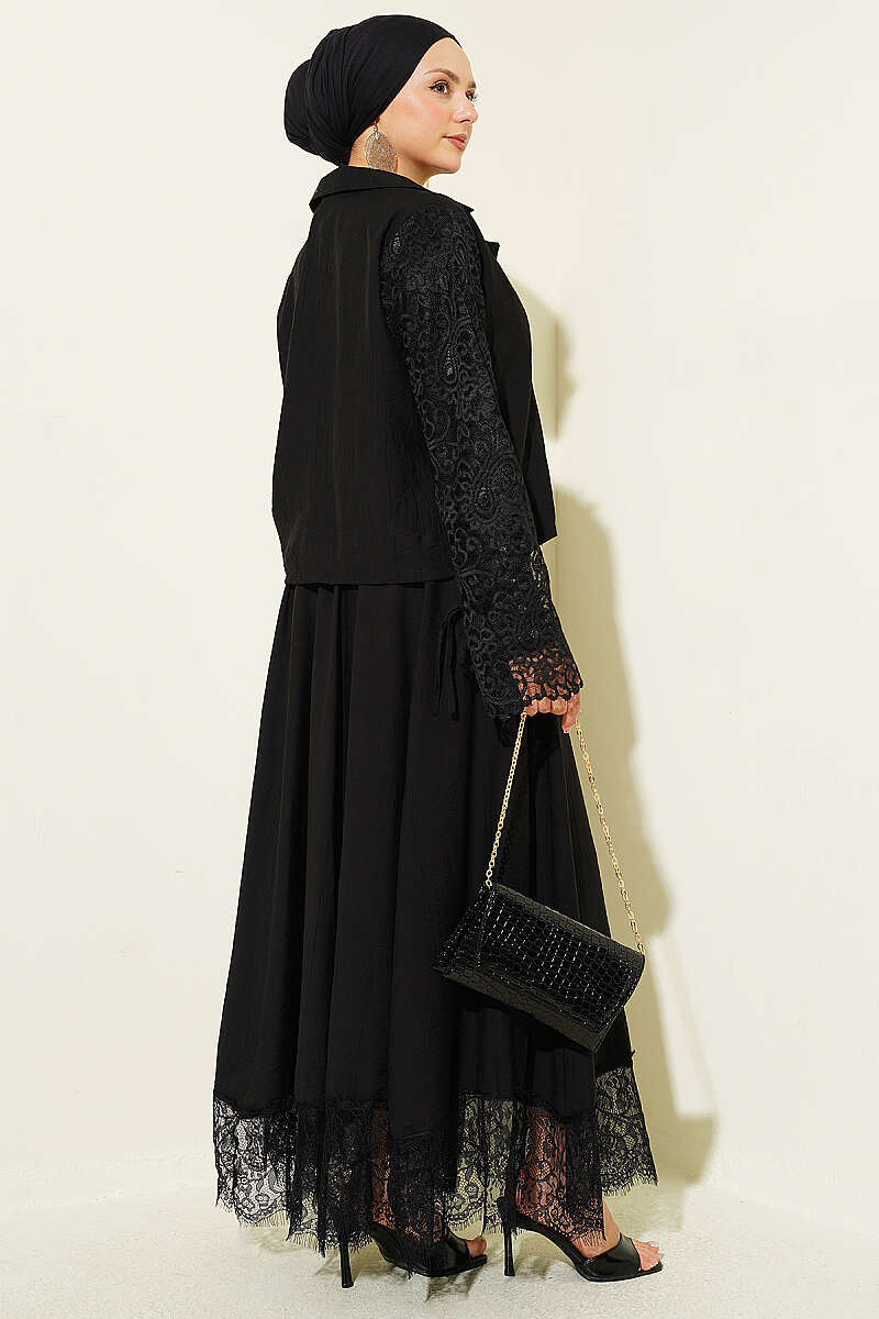 Wrap-Collar Lace Two-Piece Skirt Set - Black