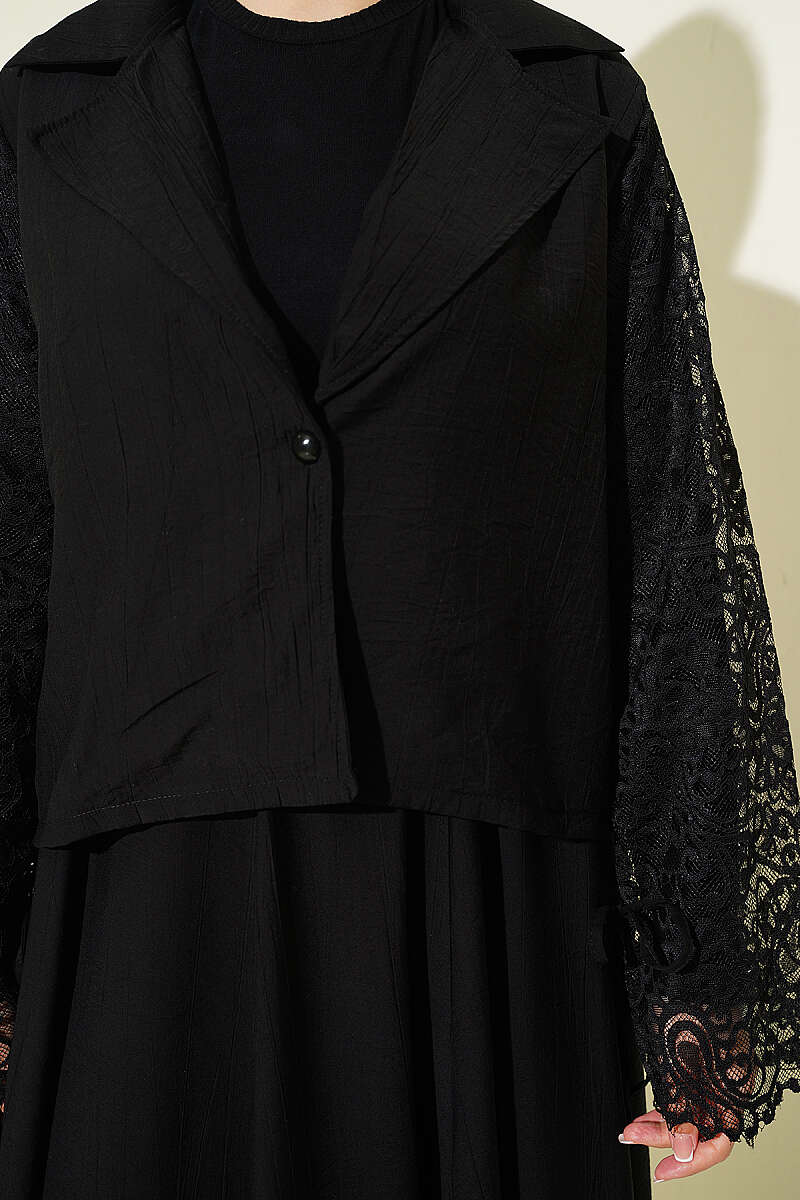 Wrap-Collar Lace Two-Piece Skirt Set - Black