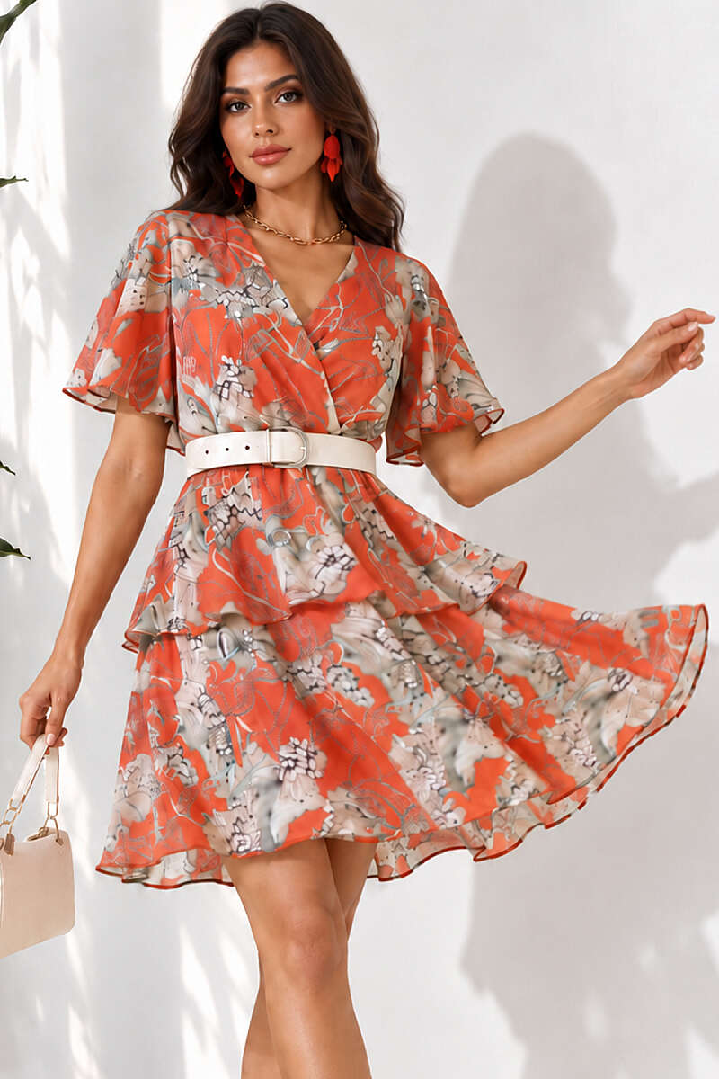 Wrap-Neck Printed Satin Dress - Orange