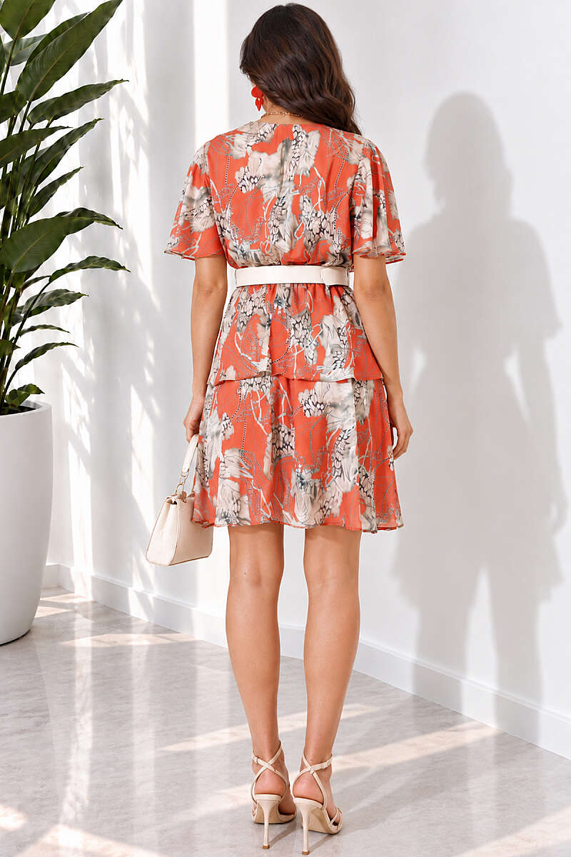 Wrap-Neck Printed Satin Dress - Orange