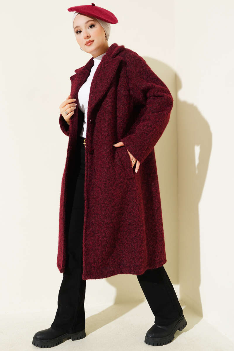 Wrap Felt Coat with Button Detail - Burgundy