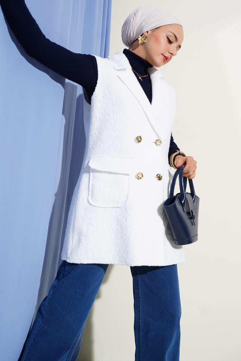 Wrap Vest with Button Detail - White
