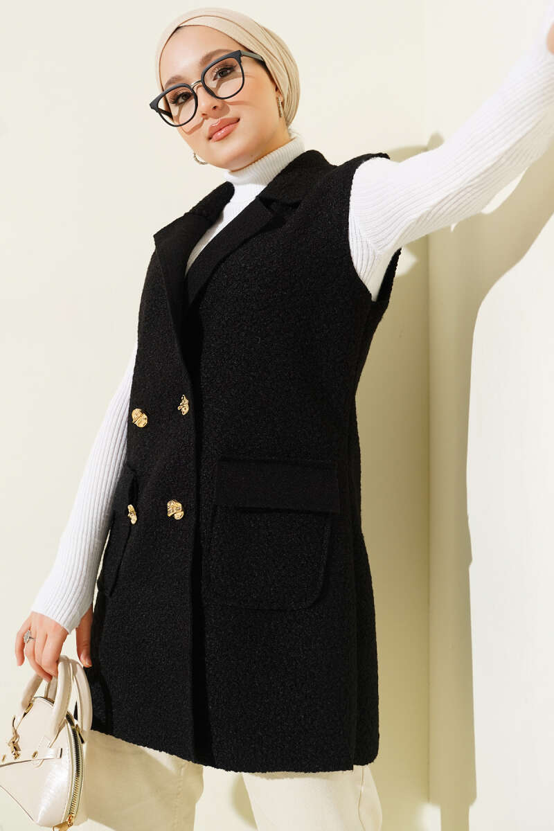 Wrap Vest with Button Detail - Black