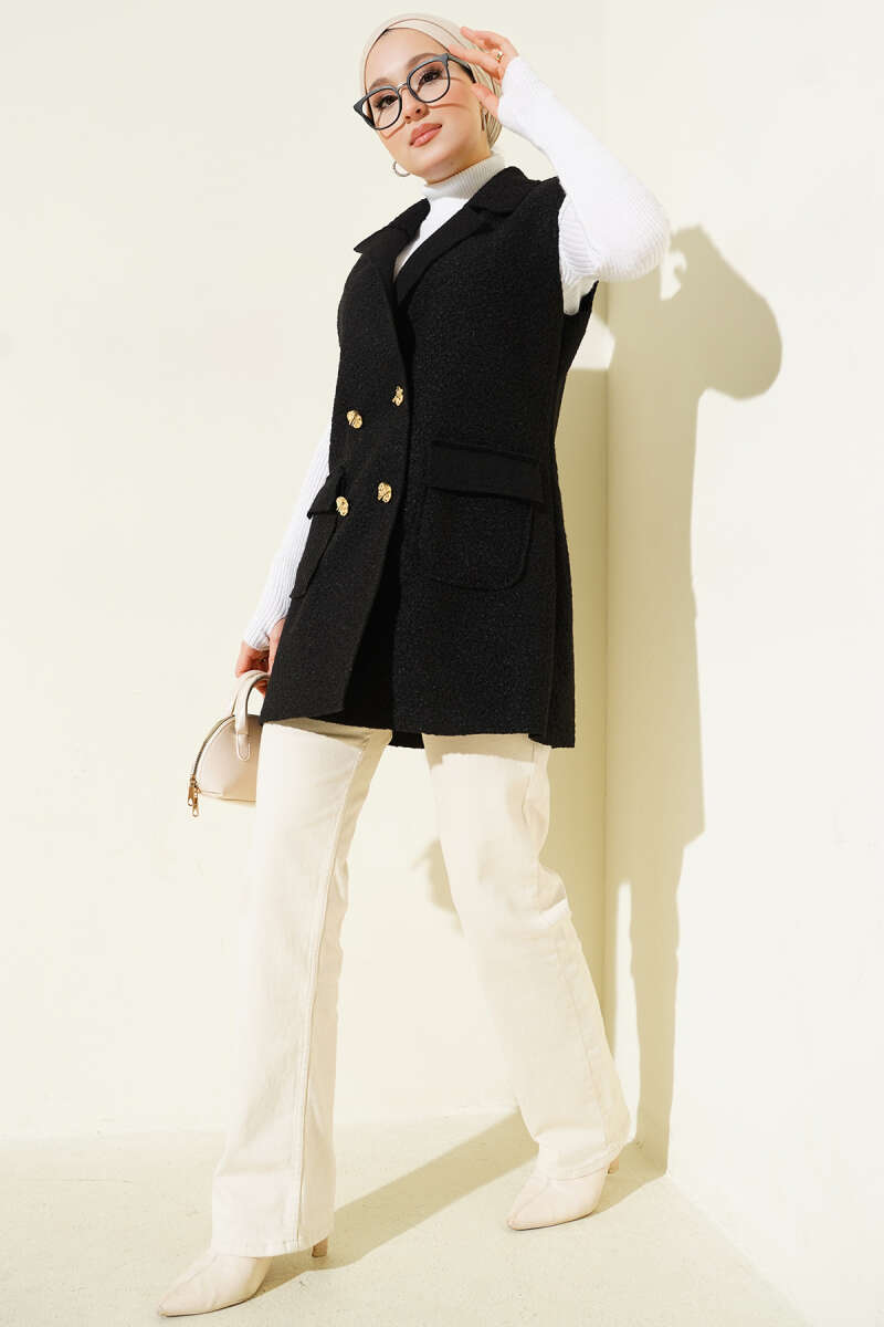 Wrap Vest with Button Detail - Black