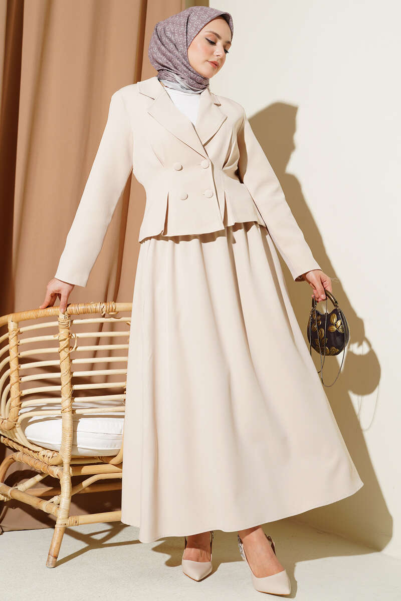Wrap-Collar Button Skirt Set - Beige