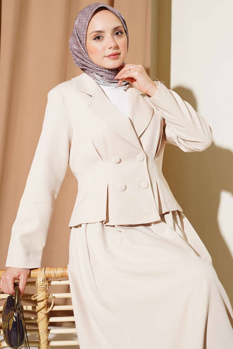 Wrap-Collar Button Skirt Set - Beige