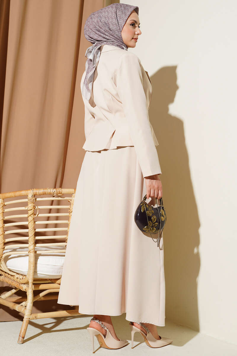 Wrap-Collar Button Skirt Set - Beige