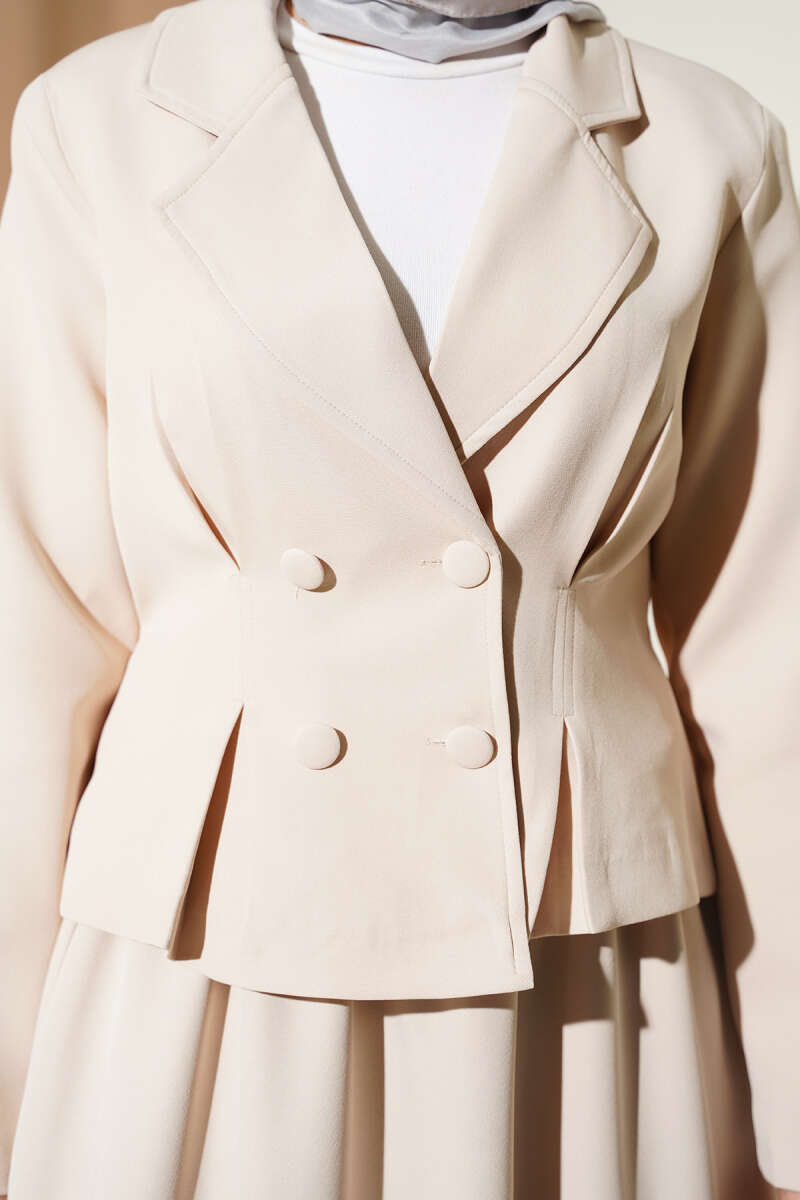 Wrap-Collar Button Skirt Set - Beige