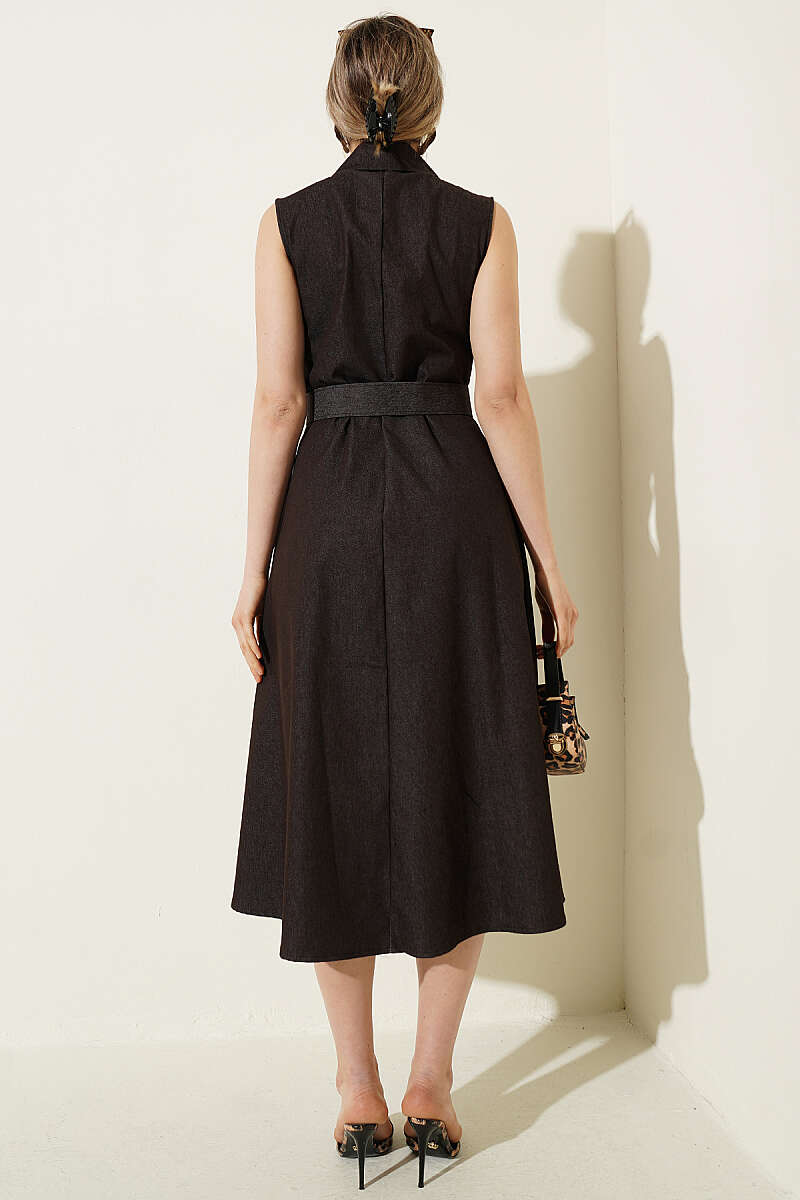 Wrap-Collar Button Denim Dress - Brown