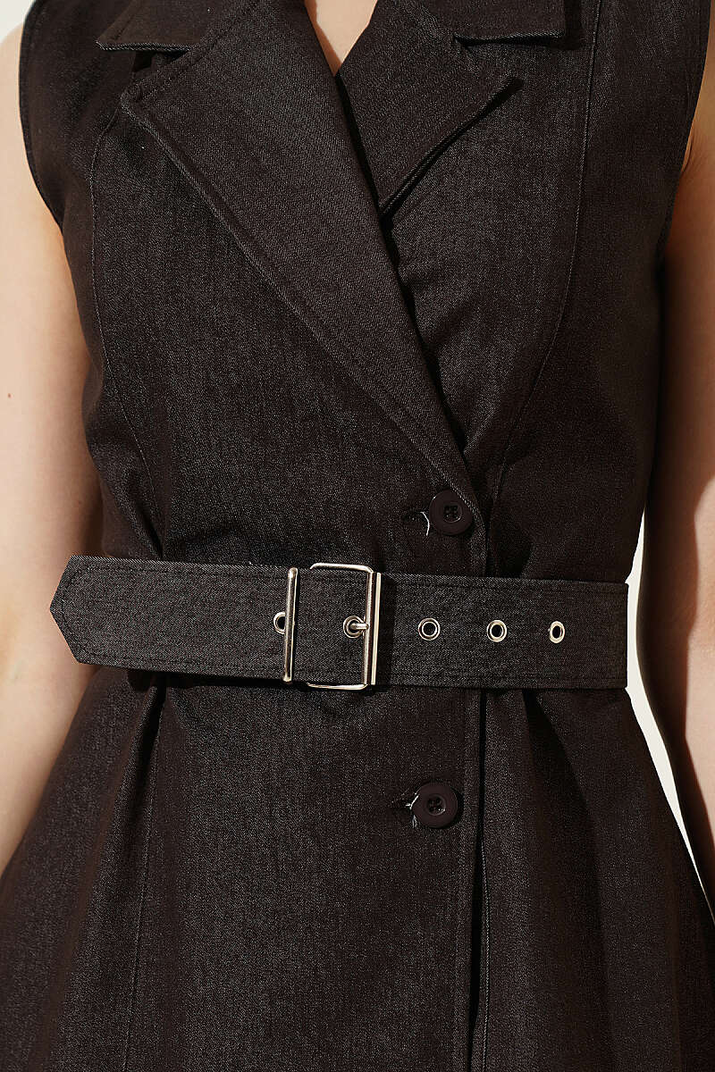 Wrap-Collar Button Denim Dress - Brown