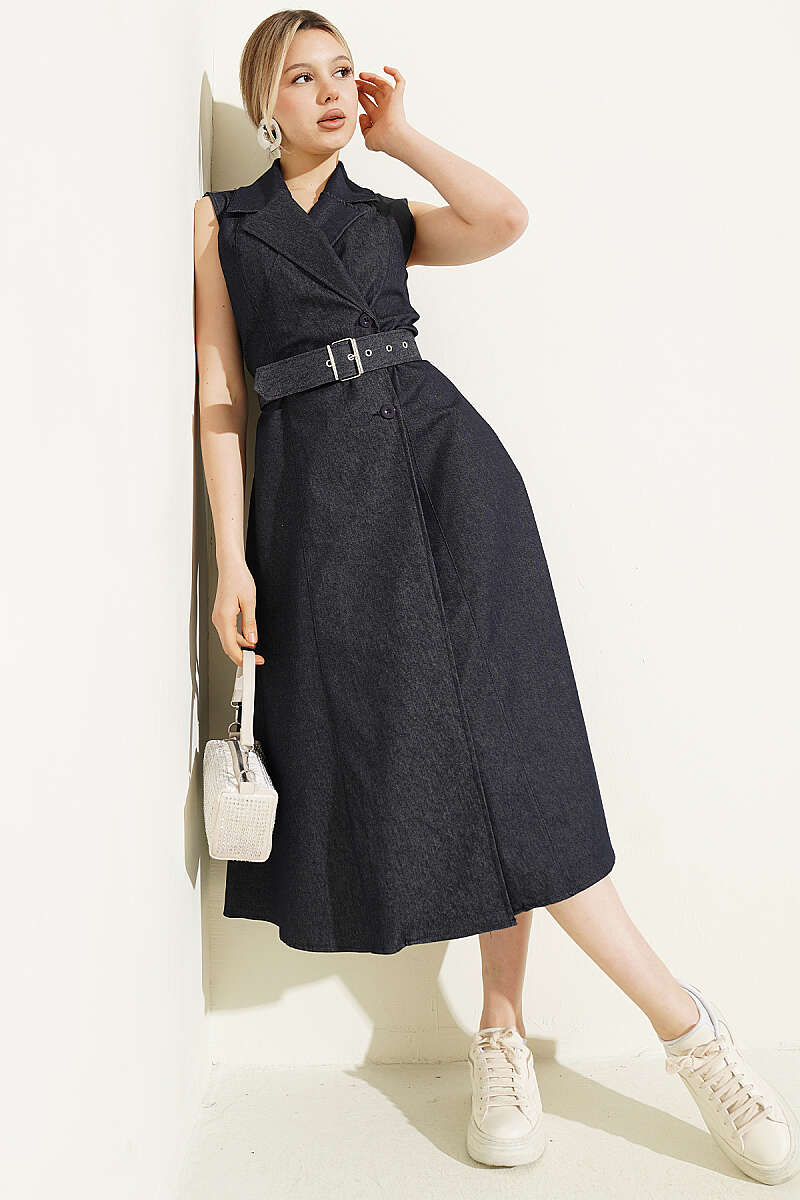 Wrap-Collar Button Denim Dress - Classic Denim