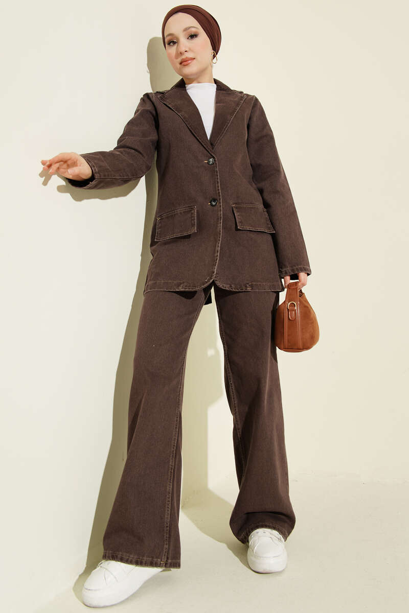 Wrap-Collar Button Denim Two-Piece Set - Brown
