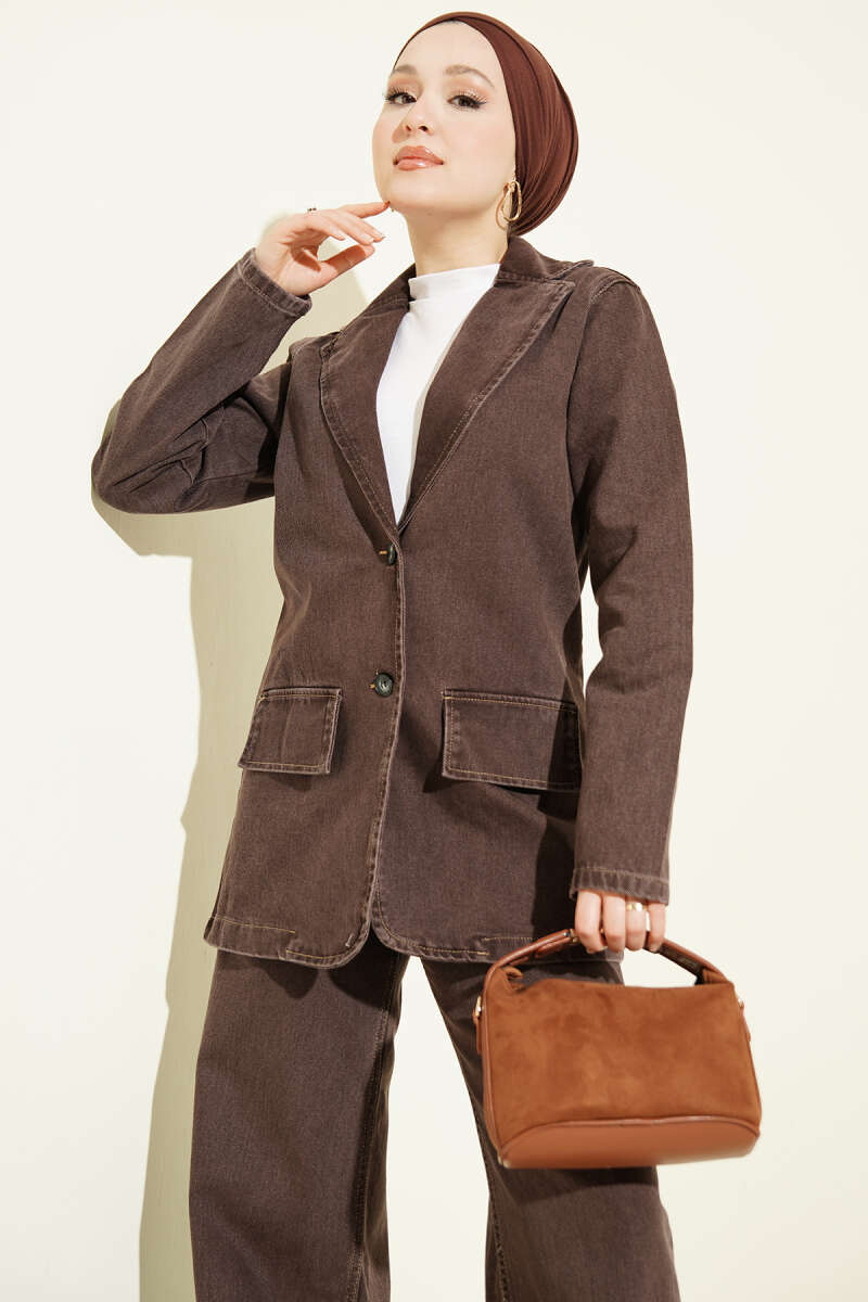 Wrap-Collar Button Denim Two-Piece Set - Brown