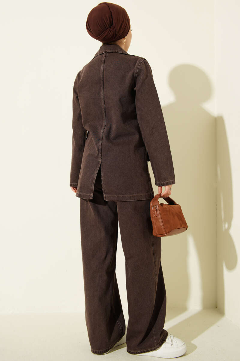 Wrap-Collar Button Denim Two-Piece Set - Brown