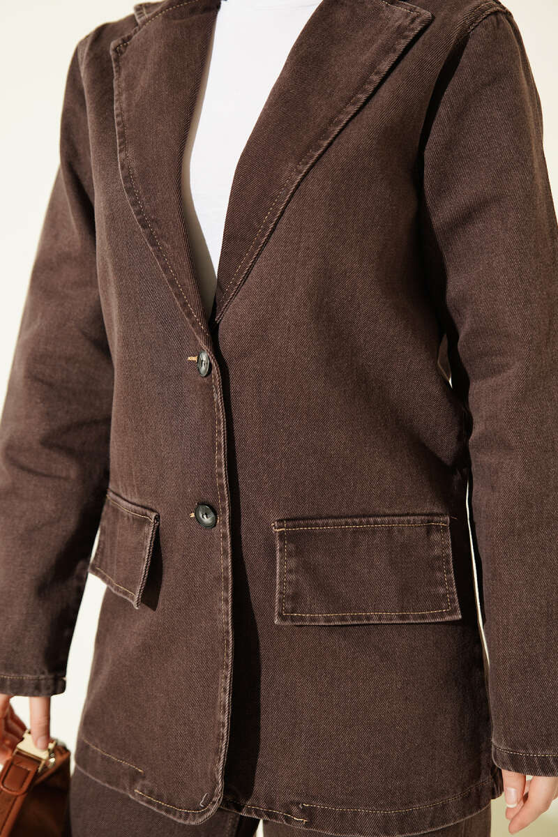 Wrap-Collar Button Denim Two-Piece Set - Brown