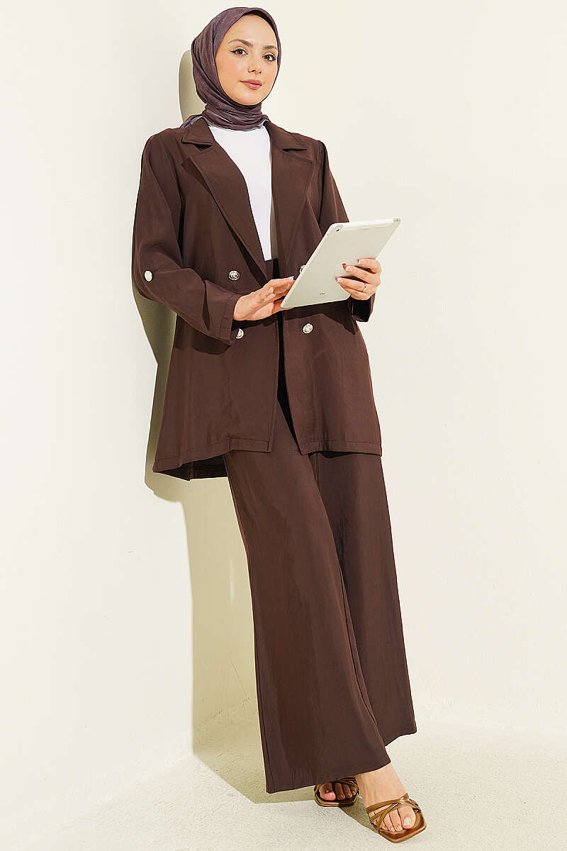 Wrap-Collar Button Modal Two-Piece Set - Brown