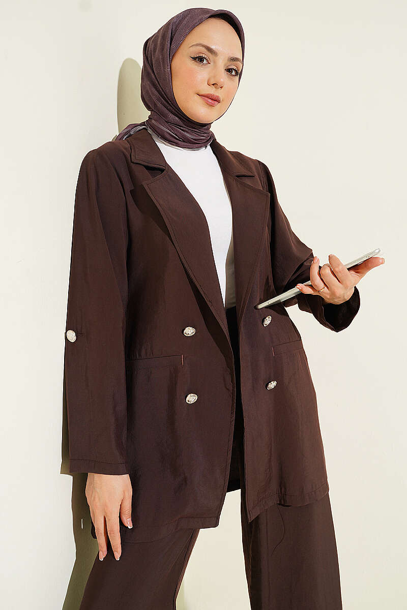 Wrap-Collar Button Modal Two-Piece Set - Brown