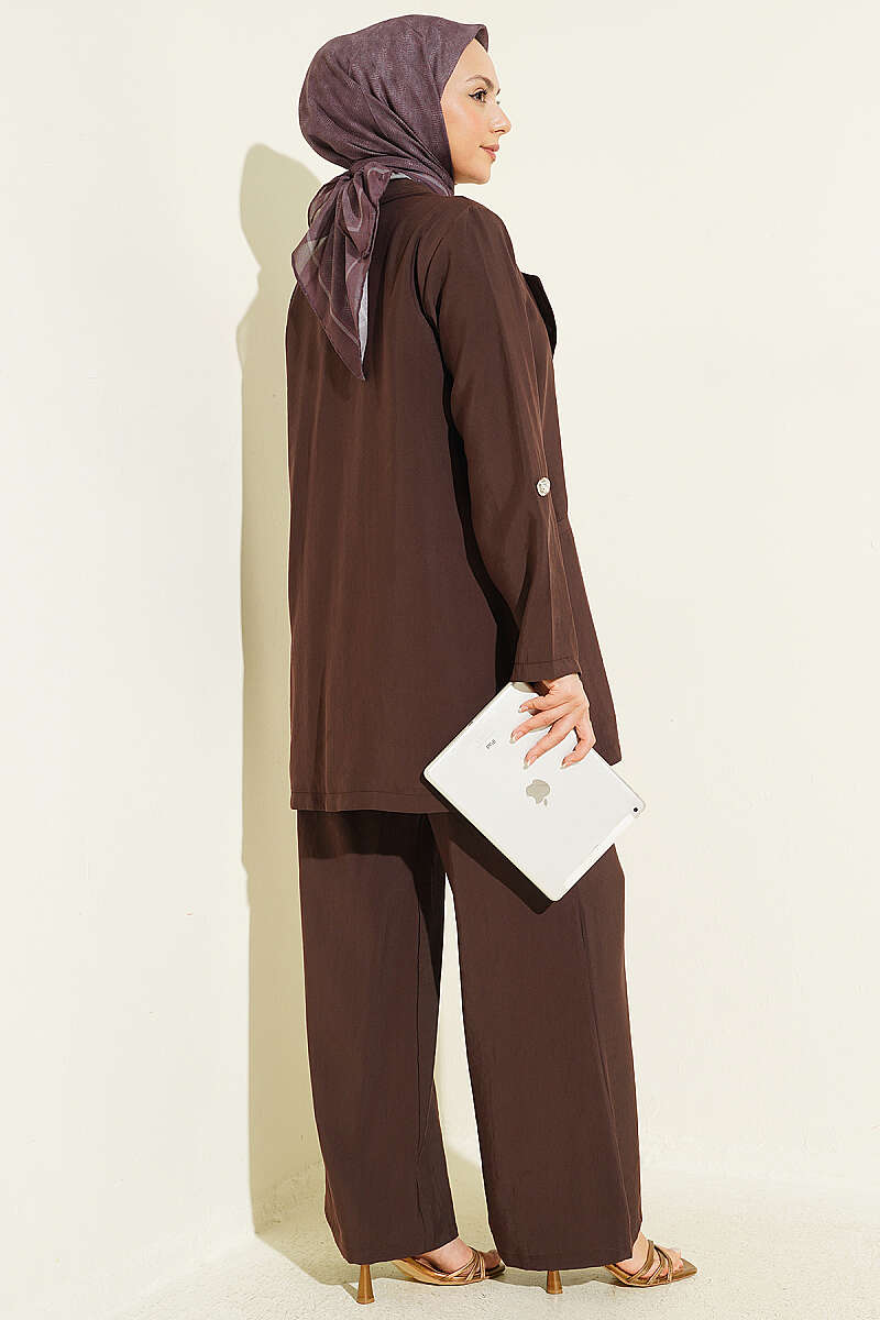 Wrap-Collar Button Modal Two-Piece Set - Brown