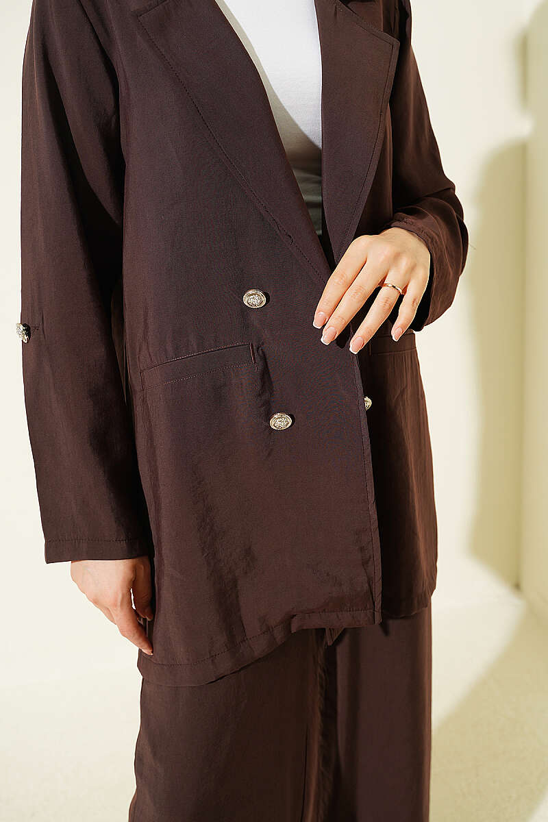 Wrap-Collar Button Modal Two-Piece Set - Brown