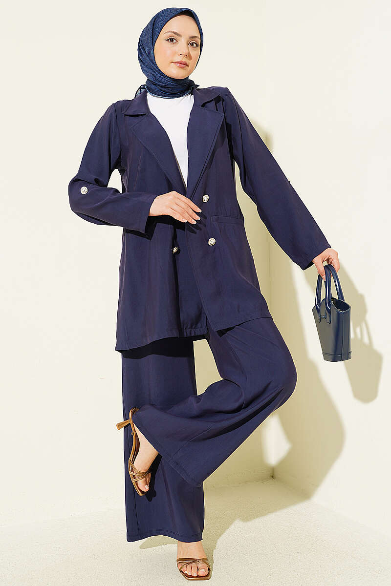 Wrap-Collar Button Modal Two-Piece Set - Navy