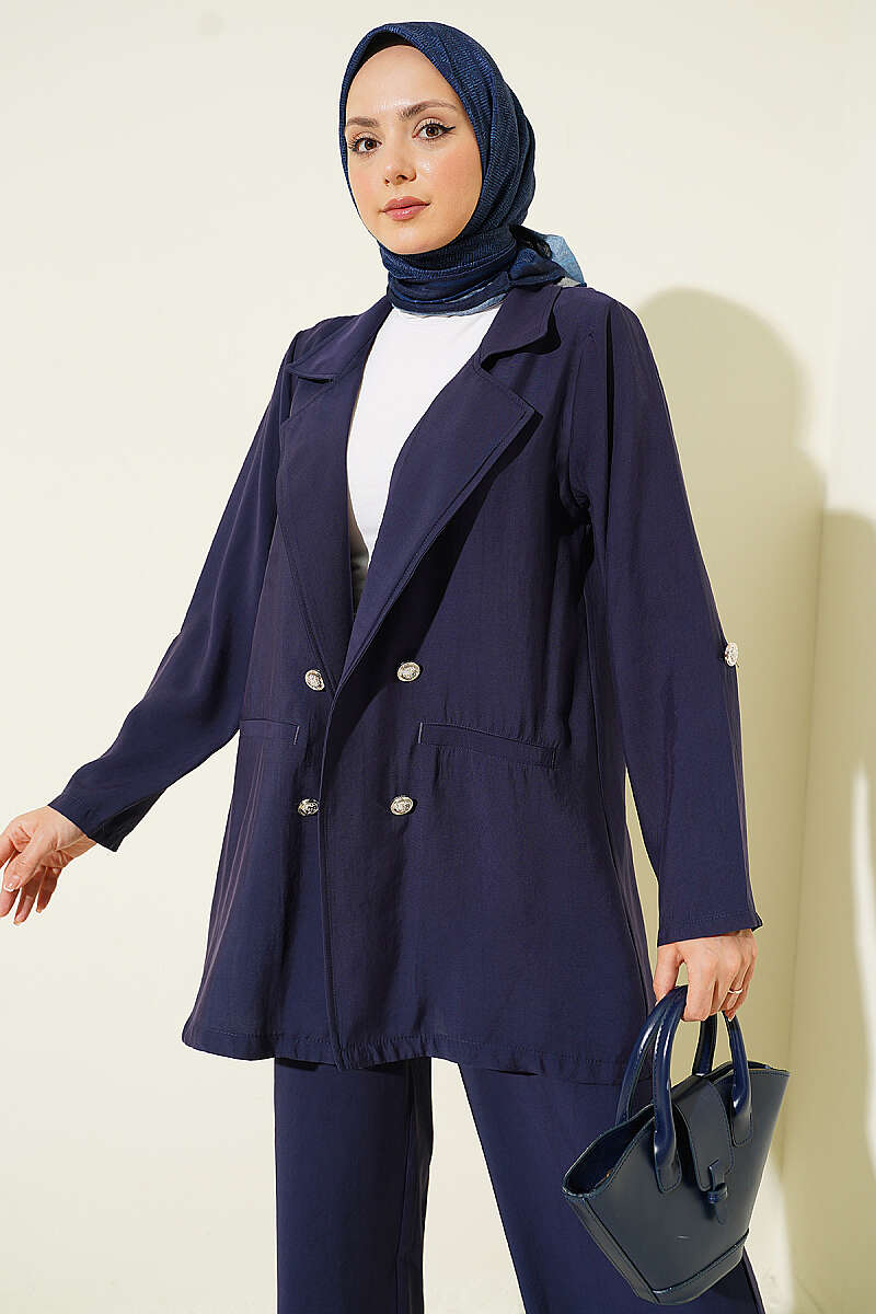 Wrap-Collar Button Modal Two-Piece Set - Navy