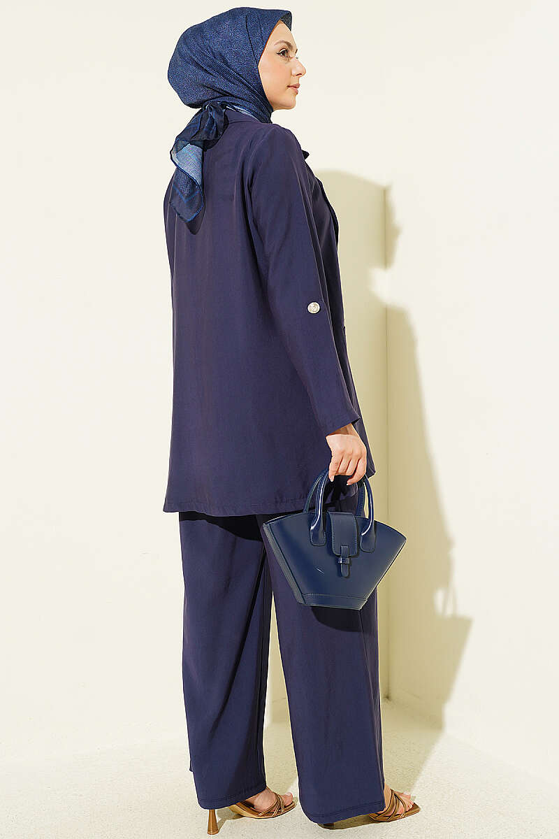 Wrap-Collar Button Modal Two-Piece Set - Navy