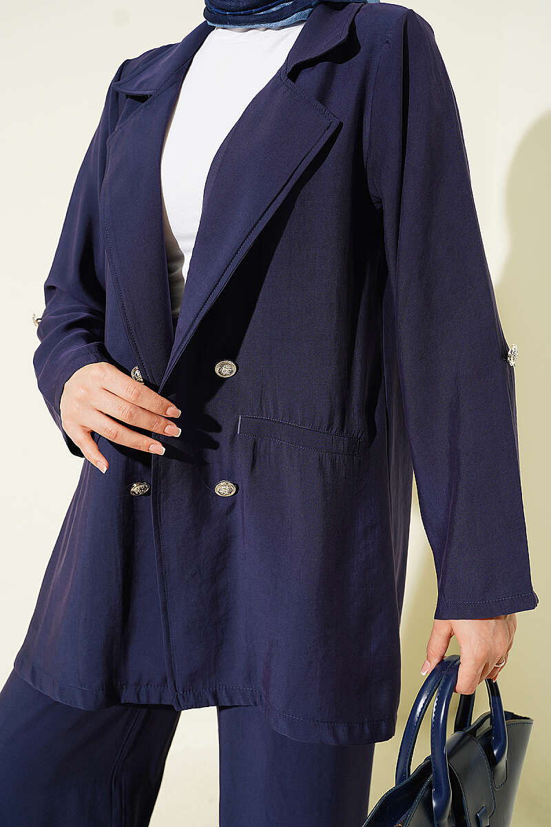 Wrap-Collar Button Modal Two-Piece Set - Navy