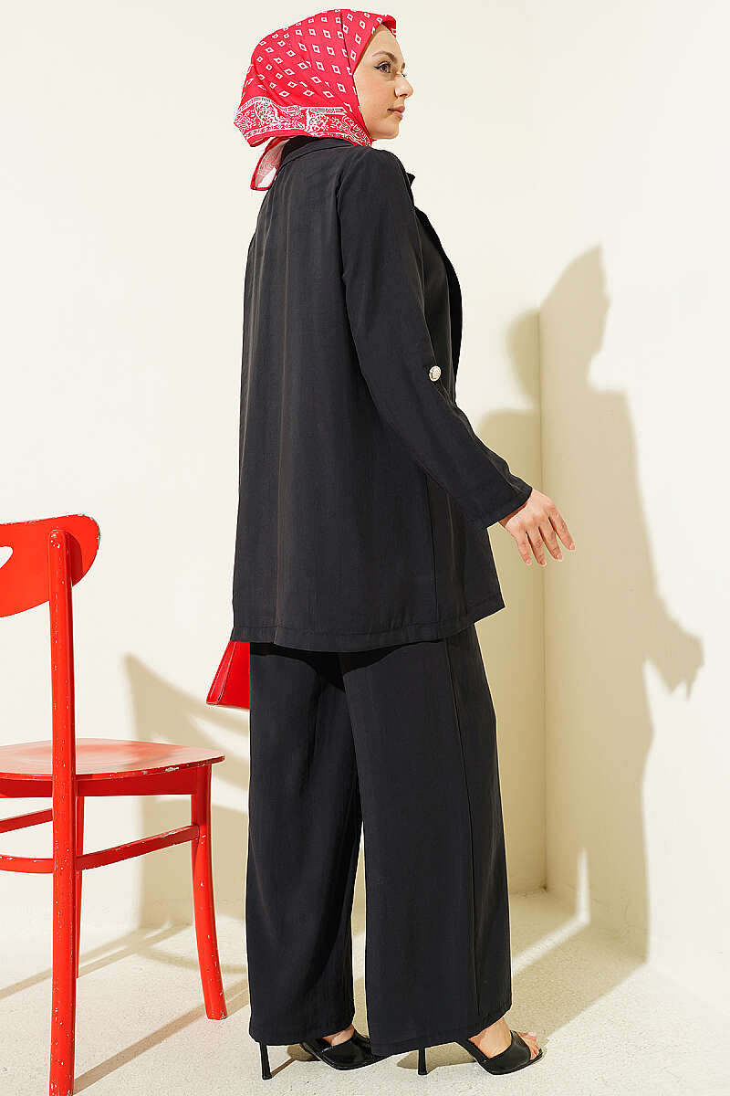 Wrap-Collar Button Modal Two-Piece Set - Black