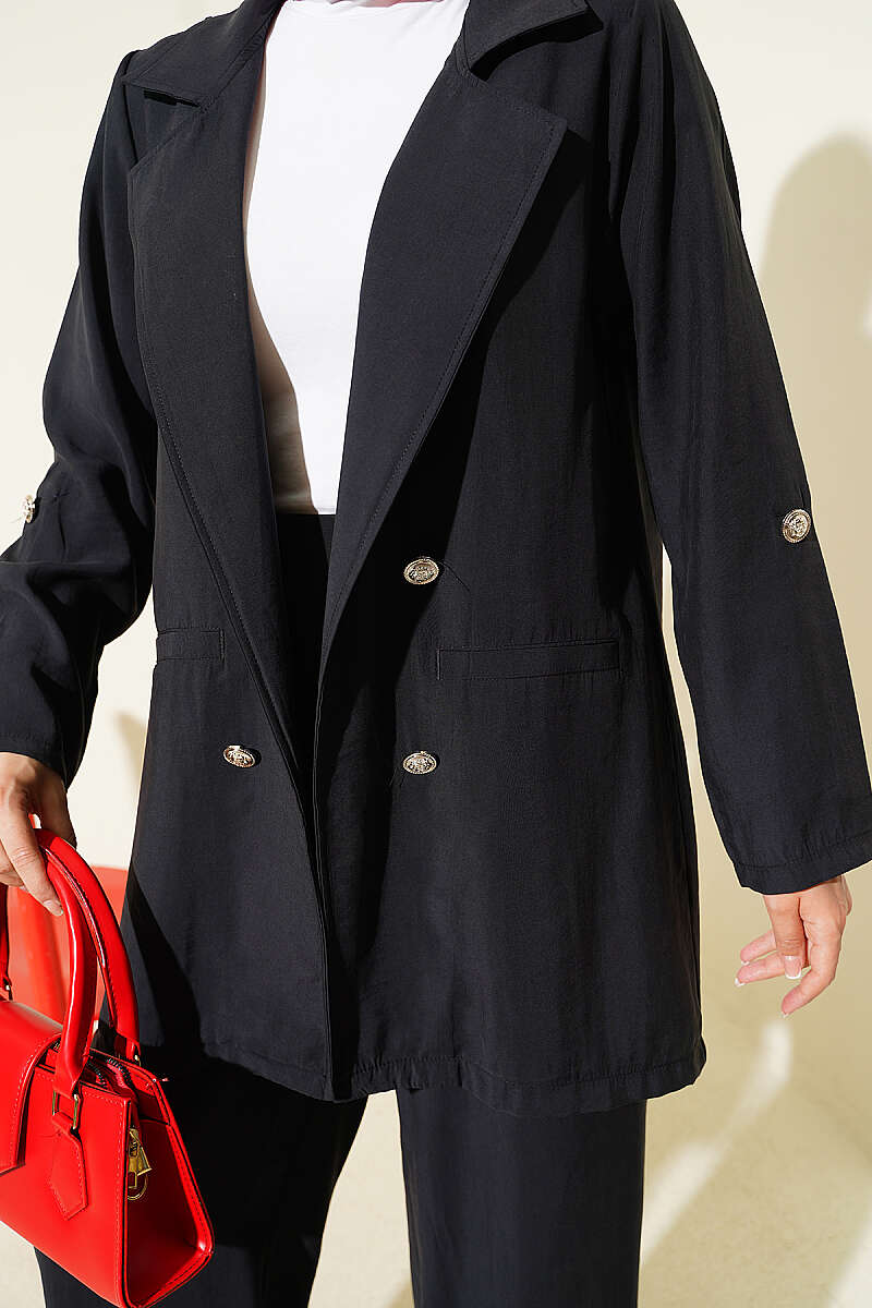 Wrap-Collar Button Modal Two-Piece Set - Black