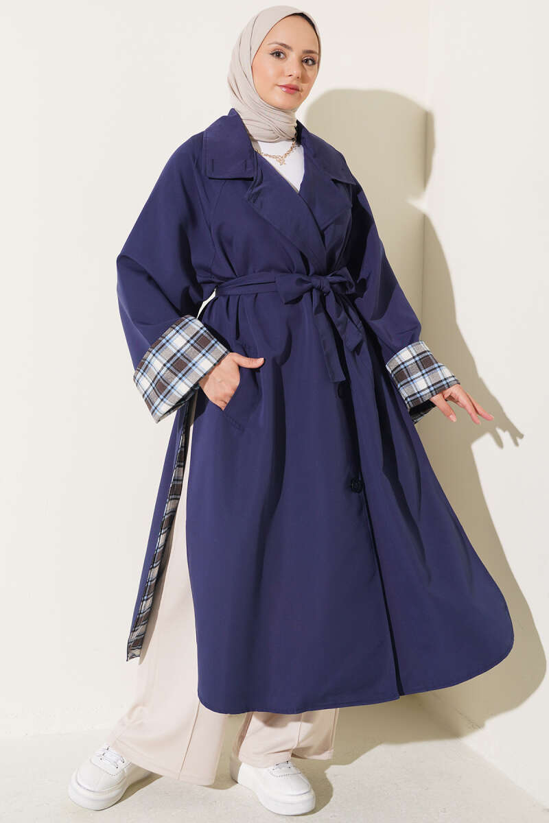 Double-Breasted Trench Coat with Plaid Detail - Navy
