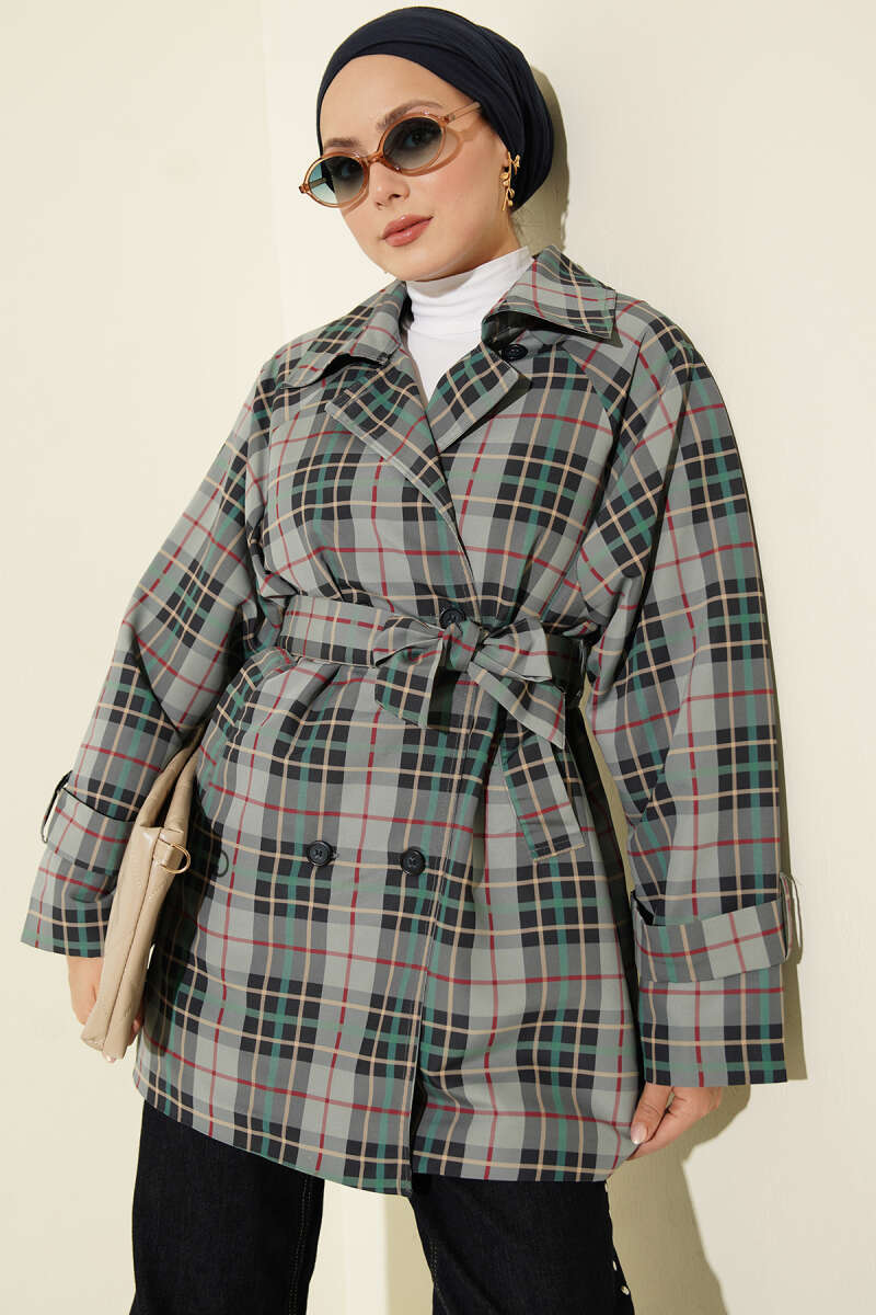 Double-Breasted Plaid Trench Coat - Grey