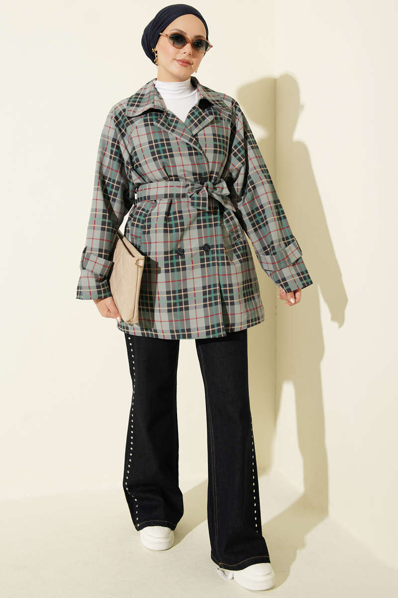 Double-Breasted Plaid Trench Coat - Grey