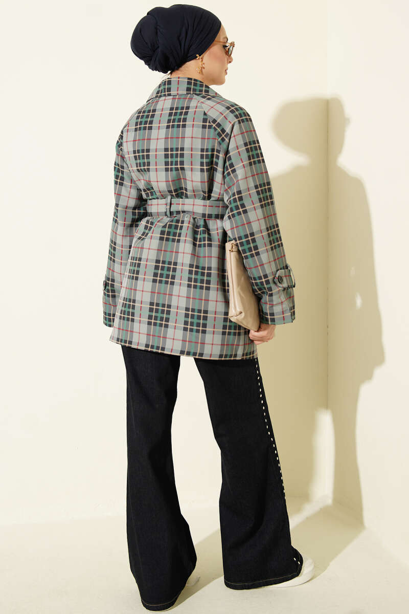 Double-Breasted Plaid Trench Coat - Grey