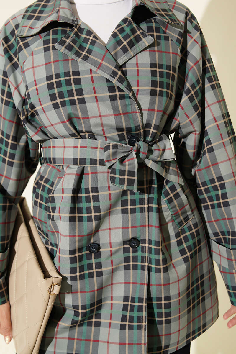 Double-Breasted Plaid Trench Coat - Grey