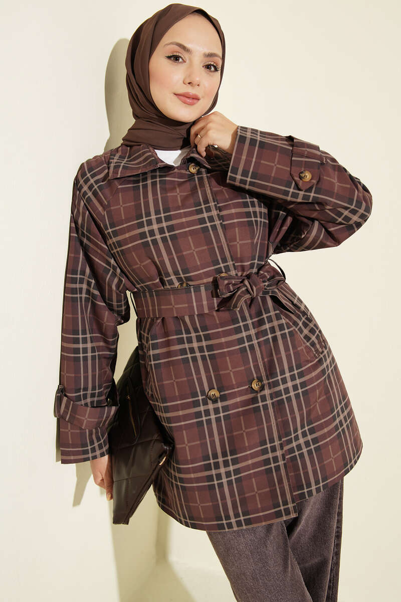 Double-Breasted Plaid Trench Coat - Brown