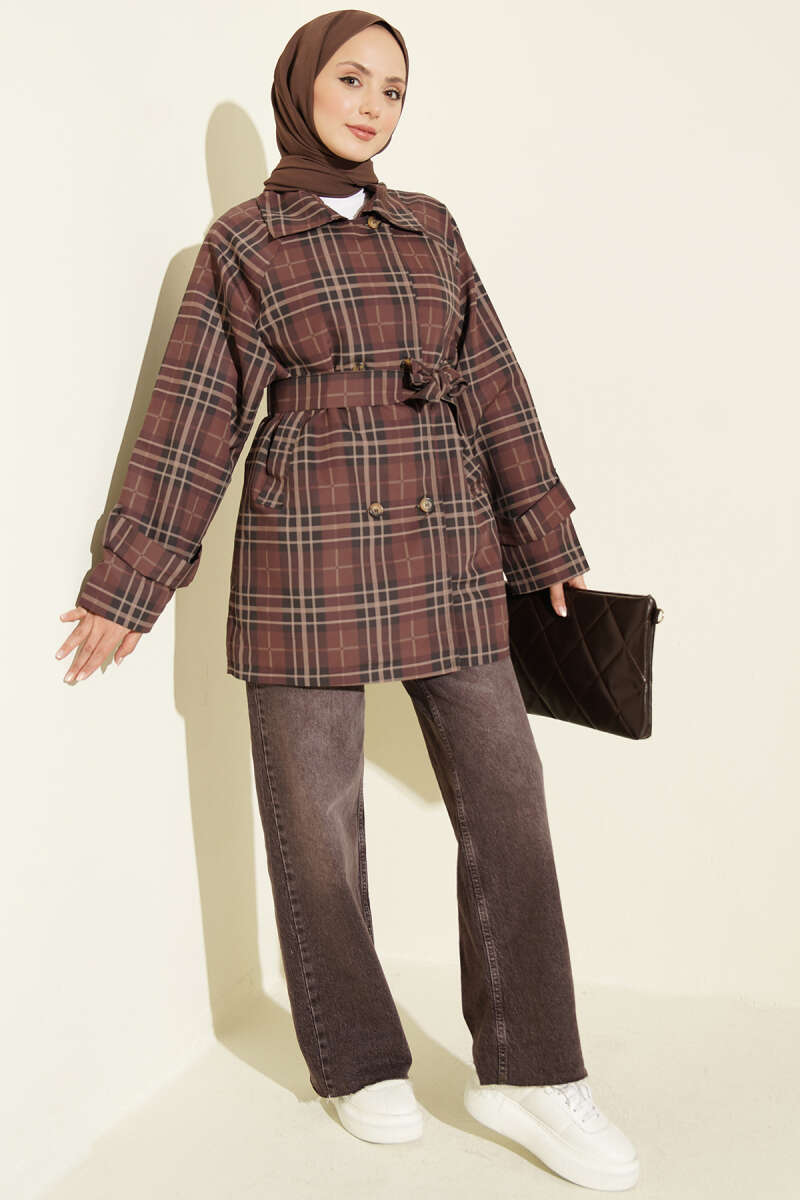 Double-Breasted Plaid Trench Coat - Brown