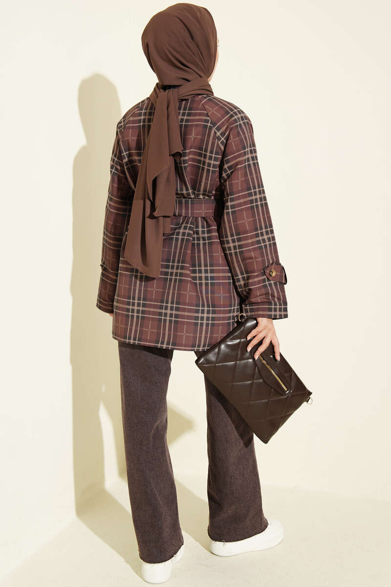 Double-Breasted Plaid Trench Coat - Brown