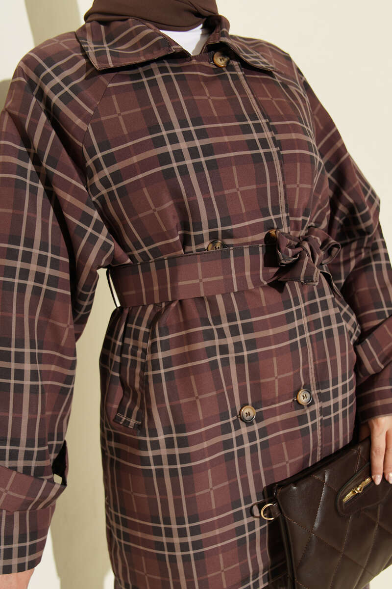 Double-Breasted Plaid Trench Coat - Brown